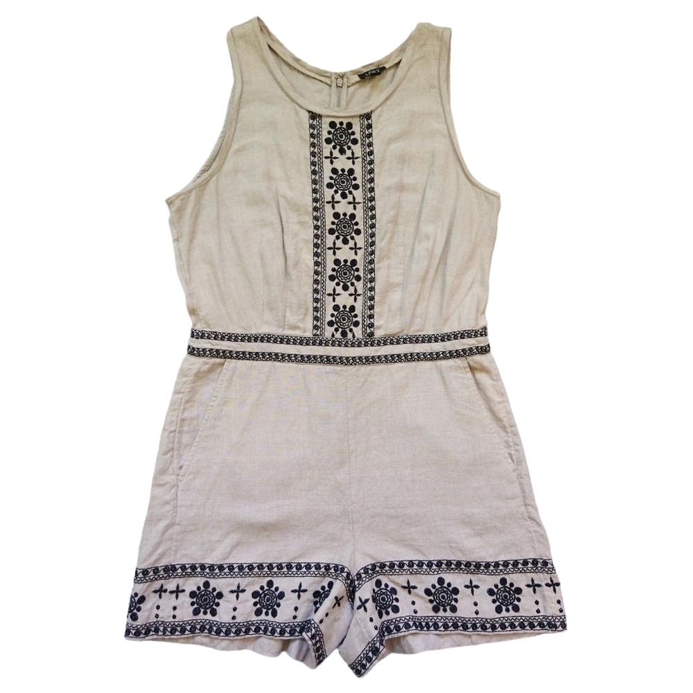 LOFT 100% Linen Khaki Tan Black Embroidered Sleeveless Romper Pockets Boho - Picture 1 of 13